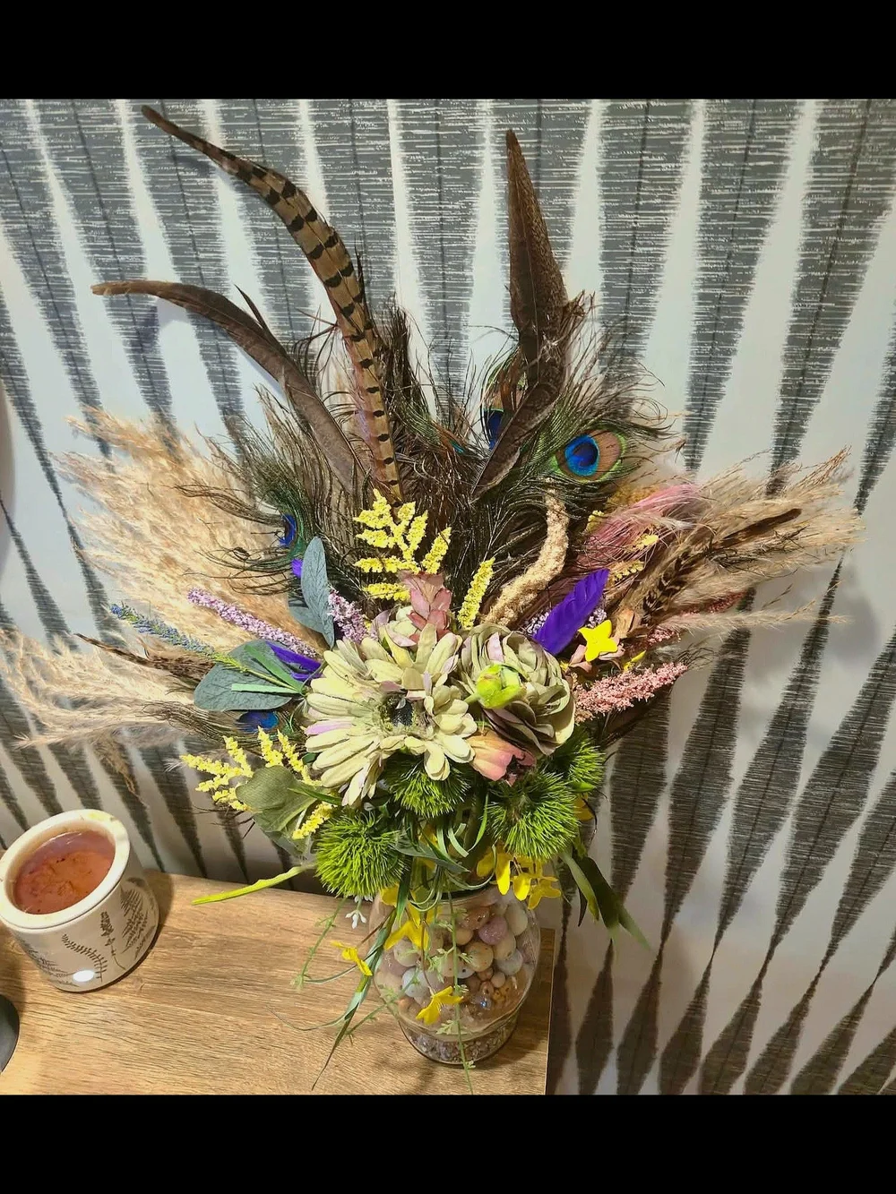 Handmade Boho Peacock Feather Pampas Grass Faux Floral Rustic Cottage Home Decor